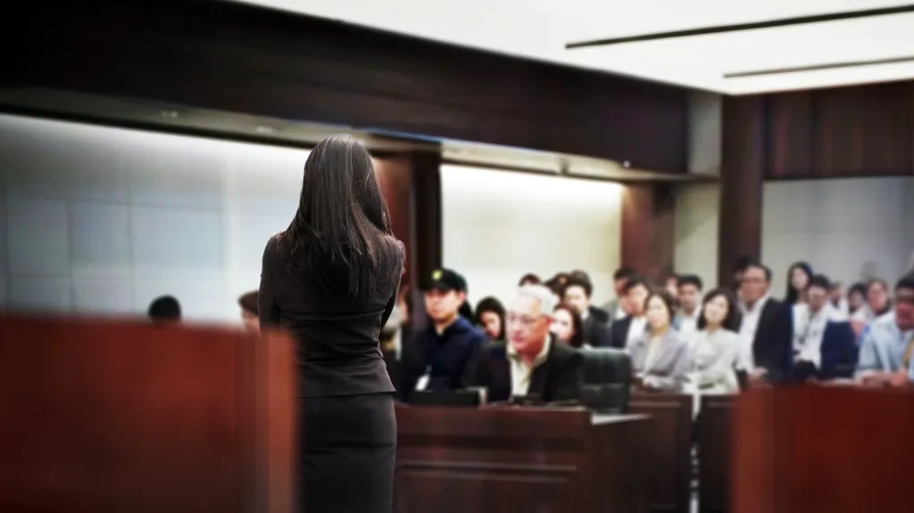 Woman in professional attire addressing a seated audience in a formal conference room.