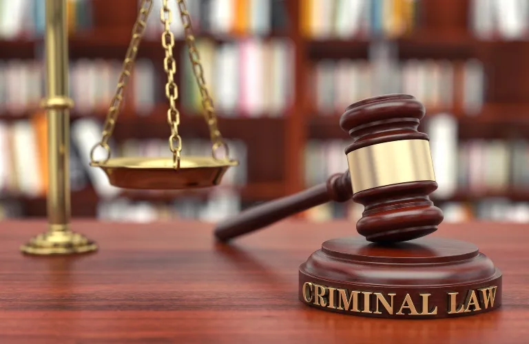 Wooden gavel with "Criminal Law" inscription and brass scales of justice on desk.